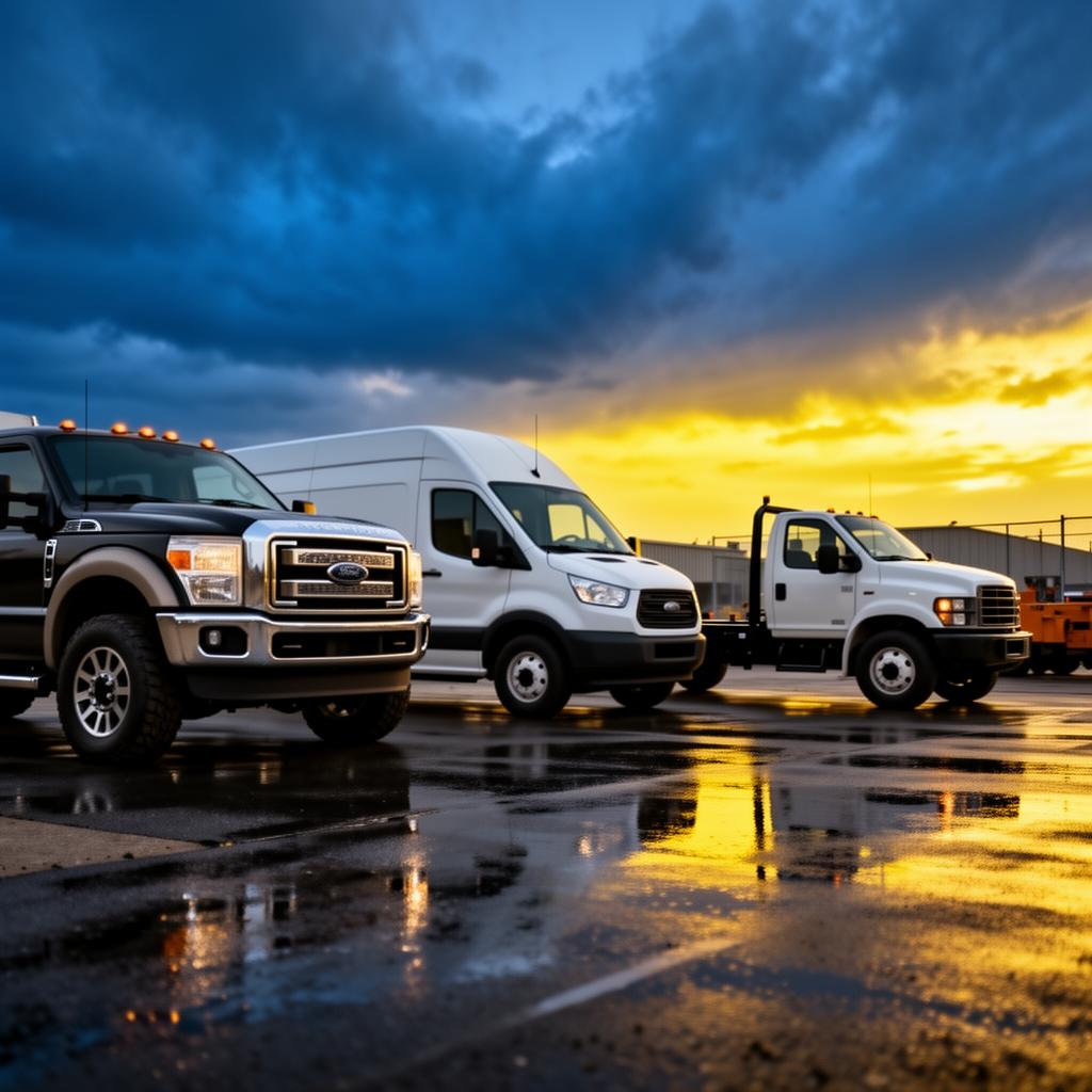 Fleet of nucar commercial work vehicles at dawn
